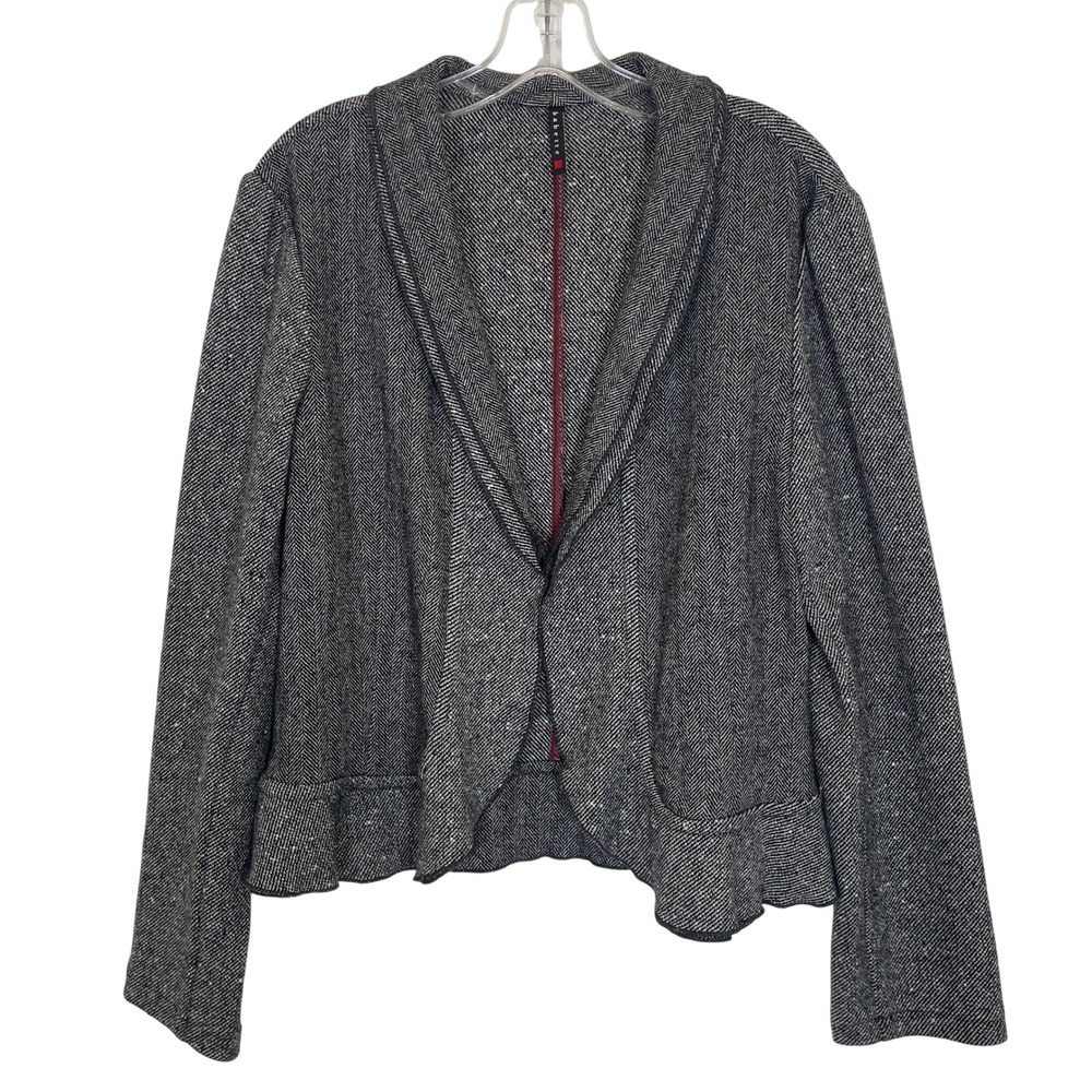 Babette Tweed Herringbone Jacket Wool Blend Ruffle Hem Black White Lagenlook S